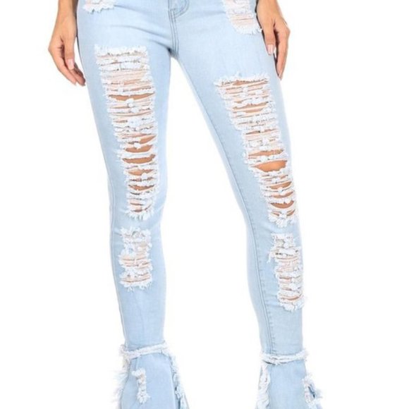 High Waist Sky Blue Distressed Stretch Skinny Jeans with Bell Hem Sizes S-XL - Picture 1 of 3